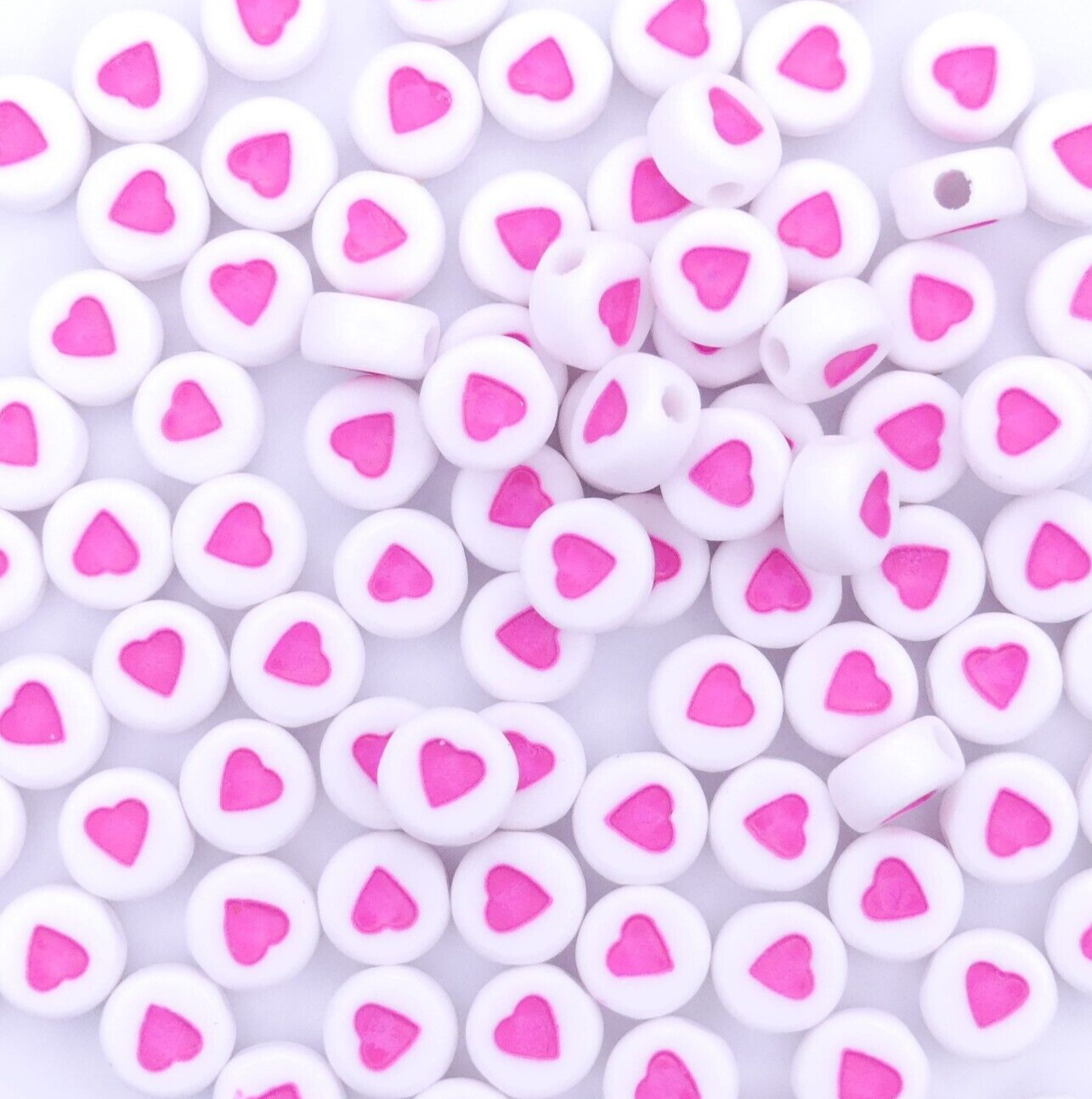 100 White With Pink Heart Acrylic Beads