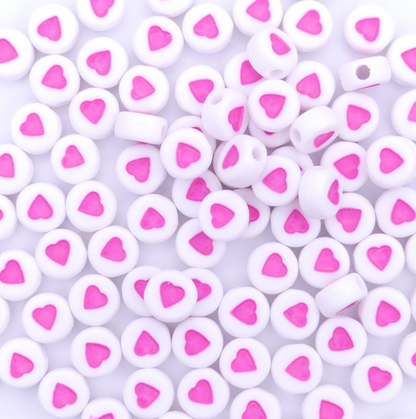 100 White With Pink Heart Acrylic Beads