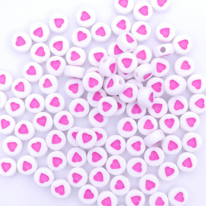 100 White With Pink Heart Acrylic Beads