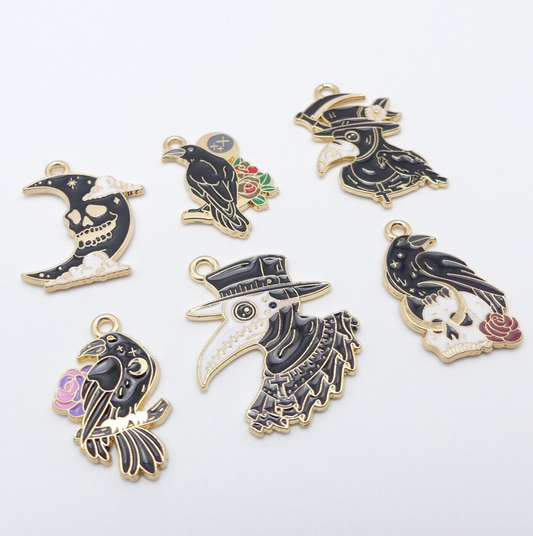 6 Mixed Raven Crow Enamel Charms Goth Black Bird Steampunk Pendant Halloween