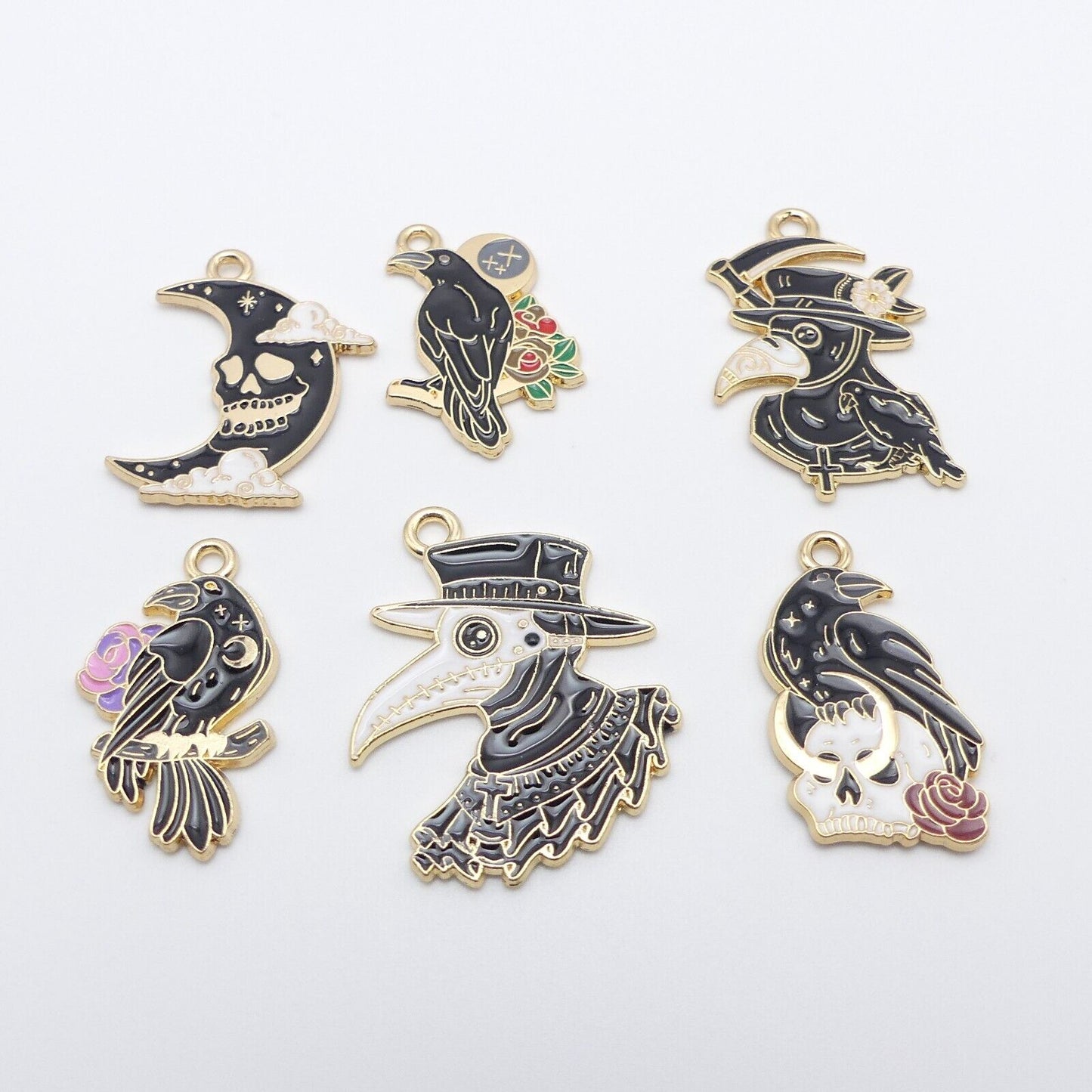 6 Mixed Raven Crow Enamel Charms Goth Black Bird Steampunk Pendant Halloween