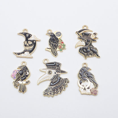 6 Mixed Raven Crow Enamel Charms Goth Black Bird Steampunk Pendant Halloween