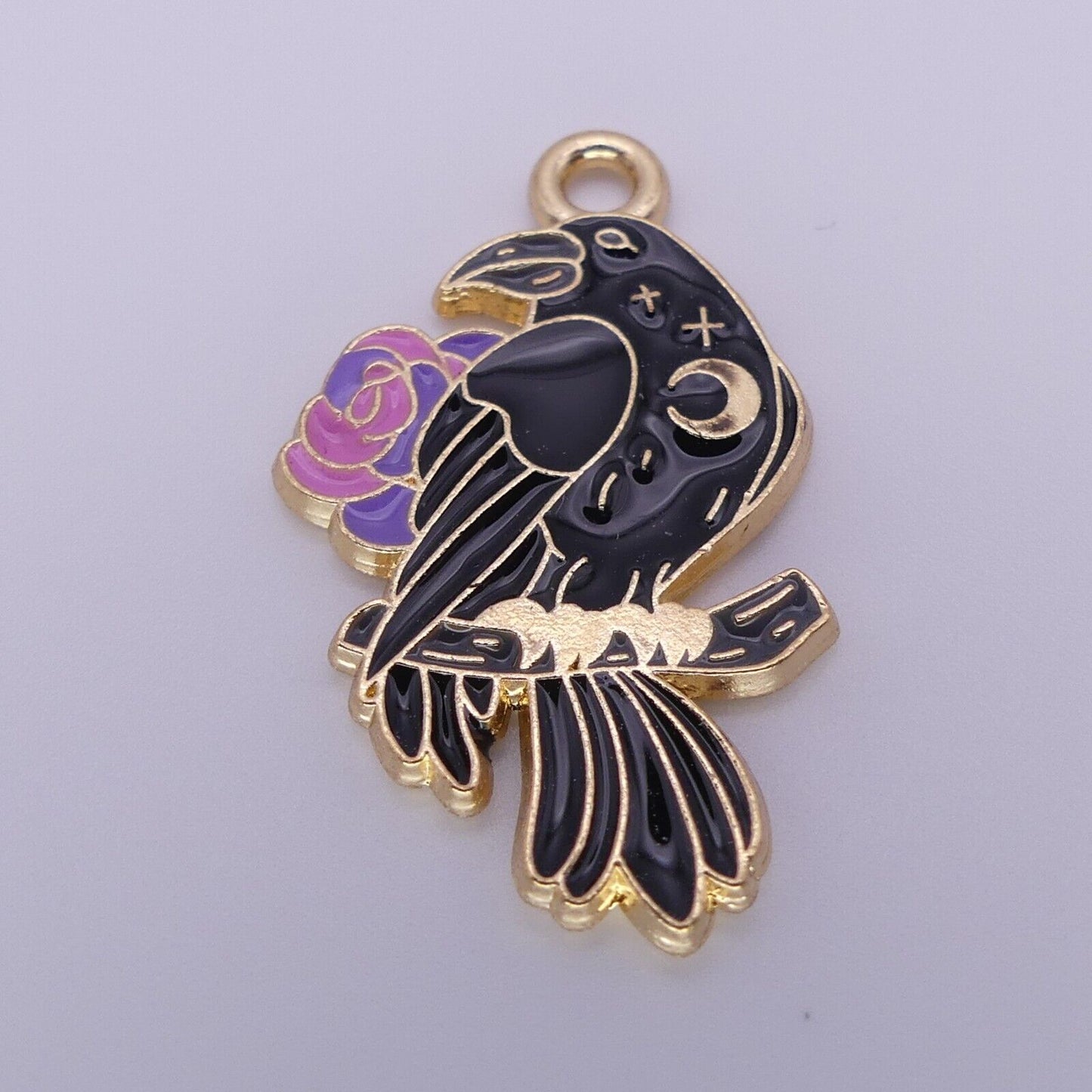 6 Mixed Raven Crow Enamel Charms Goth Black Bird Steampunk Pendant Halloween