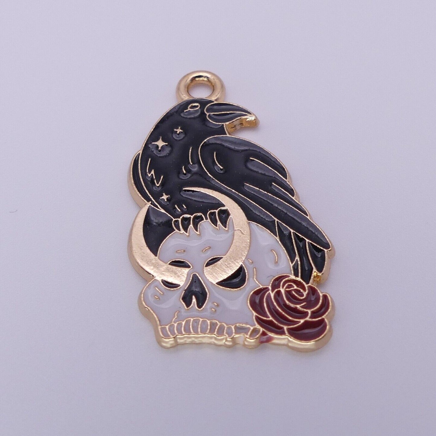 6 Mixed Raven Crow Enamel Charms Goth Black Bird Steampunk Pendant Halloween