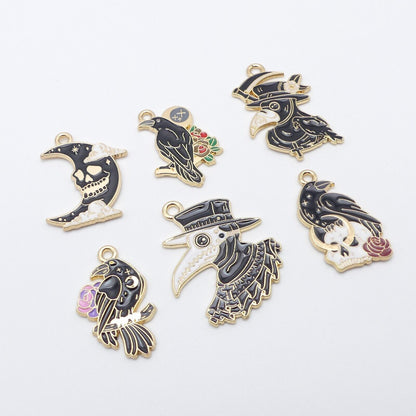 6 Mixed Raven Crow Enamel Charms Goth Black Bird Steampunk Pendant Halloween