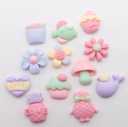 12 Kawaii Style Mixed Cabochon Embellishments, Pastel Kawaii