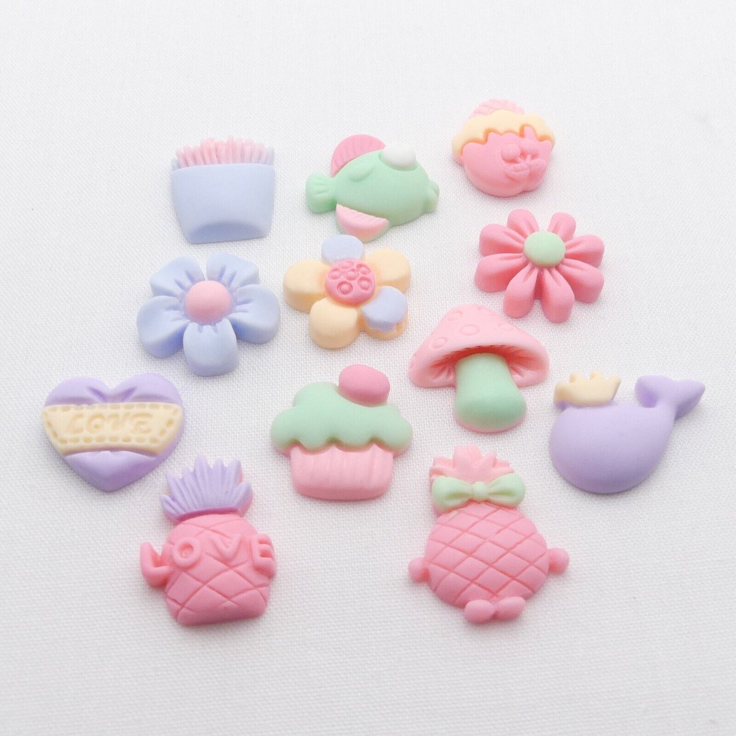 12 Kawaii Style Mixed Cabochon Embellishments, Pastel Kawaii