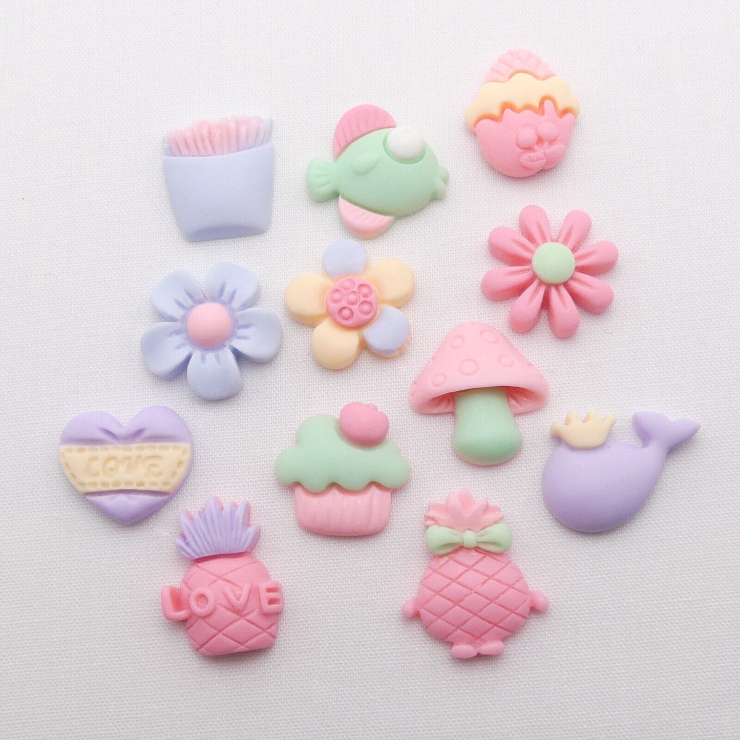 12 Kawaii Style Mixed Cabochon Embellishments, Pastel Kawaii