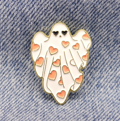 White Ghost With Pink Heart Enamel Pin Badge Spooky Ghost Badge