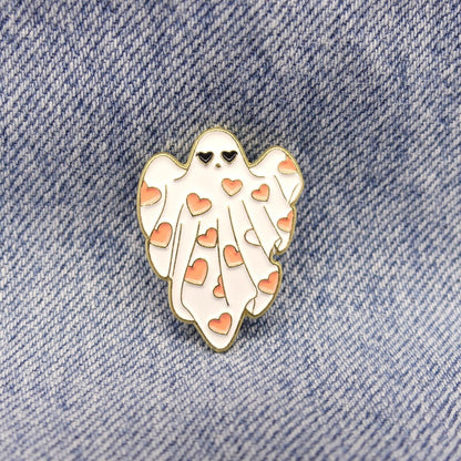 White Ghost With Pink Heart Enamel Pin Badge Spooky Ghost Badge