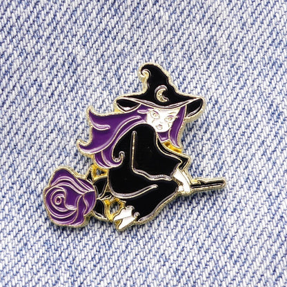 Witch On A Purple Rose Broomstick Enamel Pin Badge Collectable Witches Badge