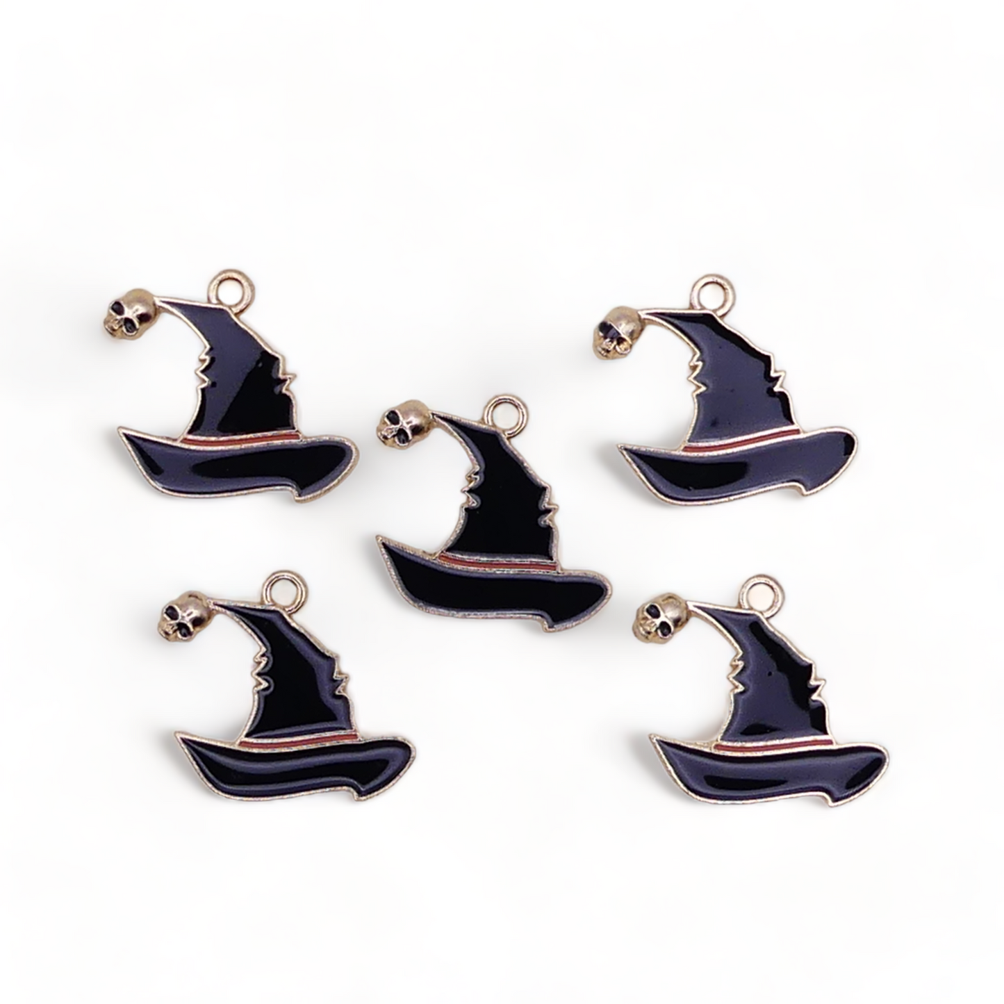 5 Black Witches Hat & Skull Enamel Charms