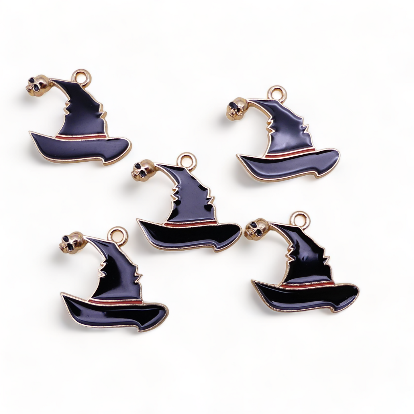 5 Black Witches Hat & Skull Enamel Charms