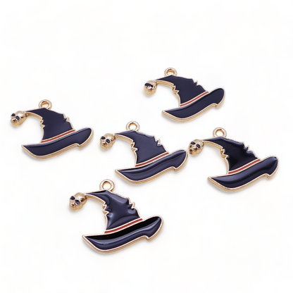 5 Black Witches Hat & Skull Enamel Charms