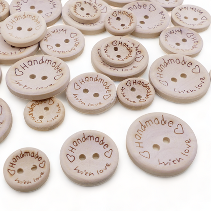 Handmade With Love Natural Wooden Round Buttons Hand Made 3 Sizes - 15/20/25mm