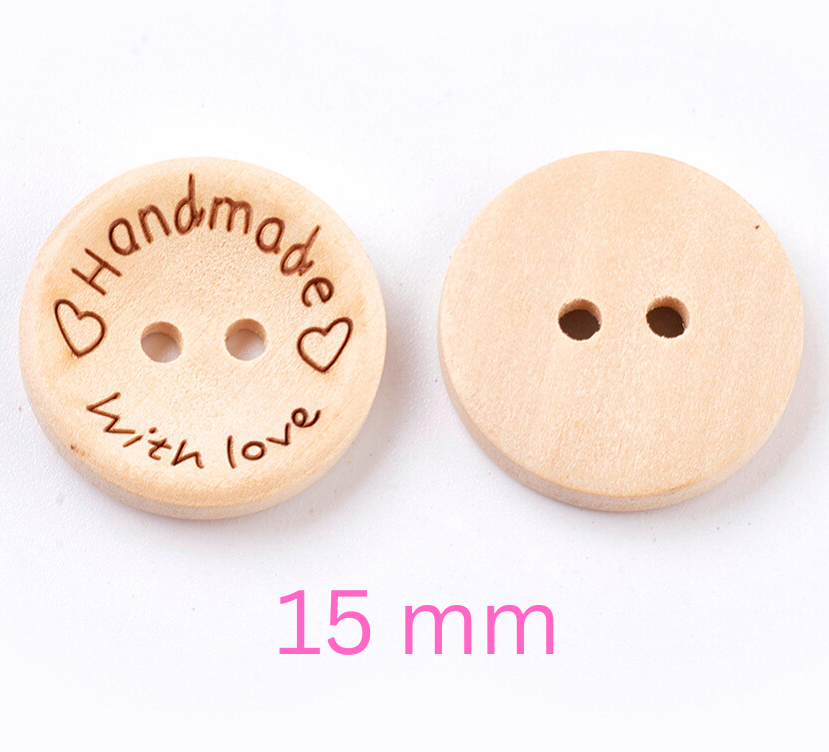 Handmade With Love Natural Wooden Round Buttons Hand Made 3 Sizes - 15/20/25mm