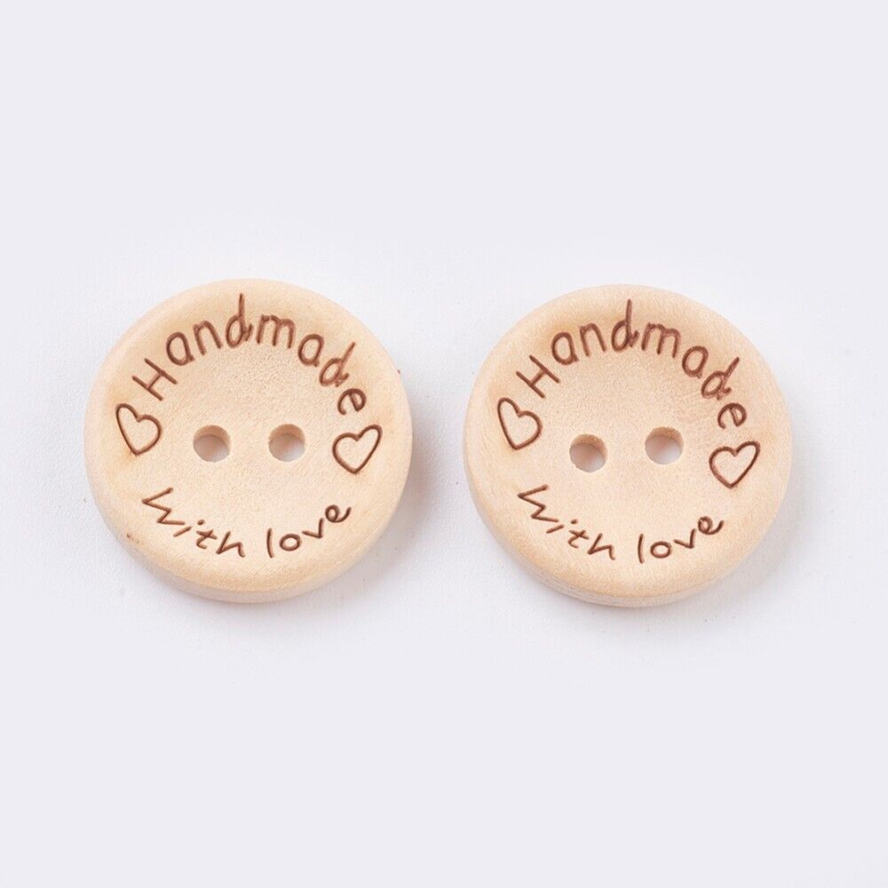 Handmade With Love Natural Wooden Round Buttons Hand Made 3 Sizes - 15/20/25mm