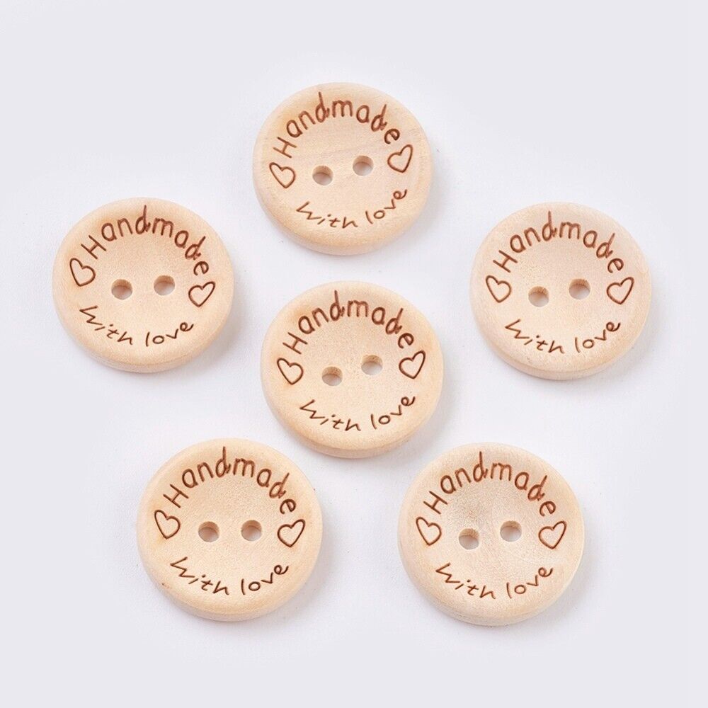 Handmade With Love Natural Wooden Round Buttons Hand Made 3 Sizes - 15/20/25mm