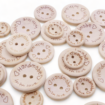 Handmade With Love Natural Wooden Round Buttons Hand Made 3 Sizes - 15/20/25mm