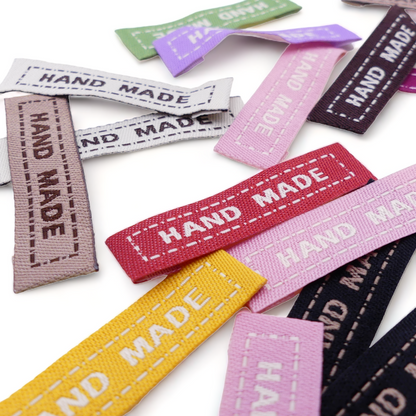 20 Mixed Fabric Labels 'Hand Made' Sew On Garment Clothing Label Tags 45mmx 13mm