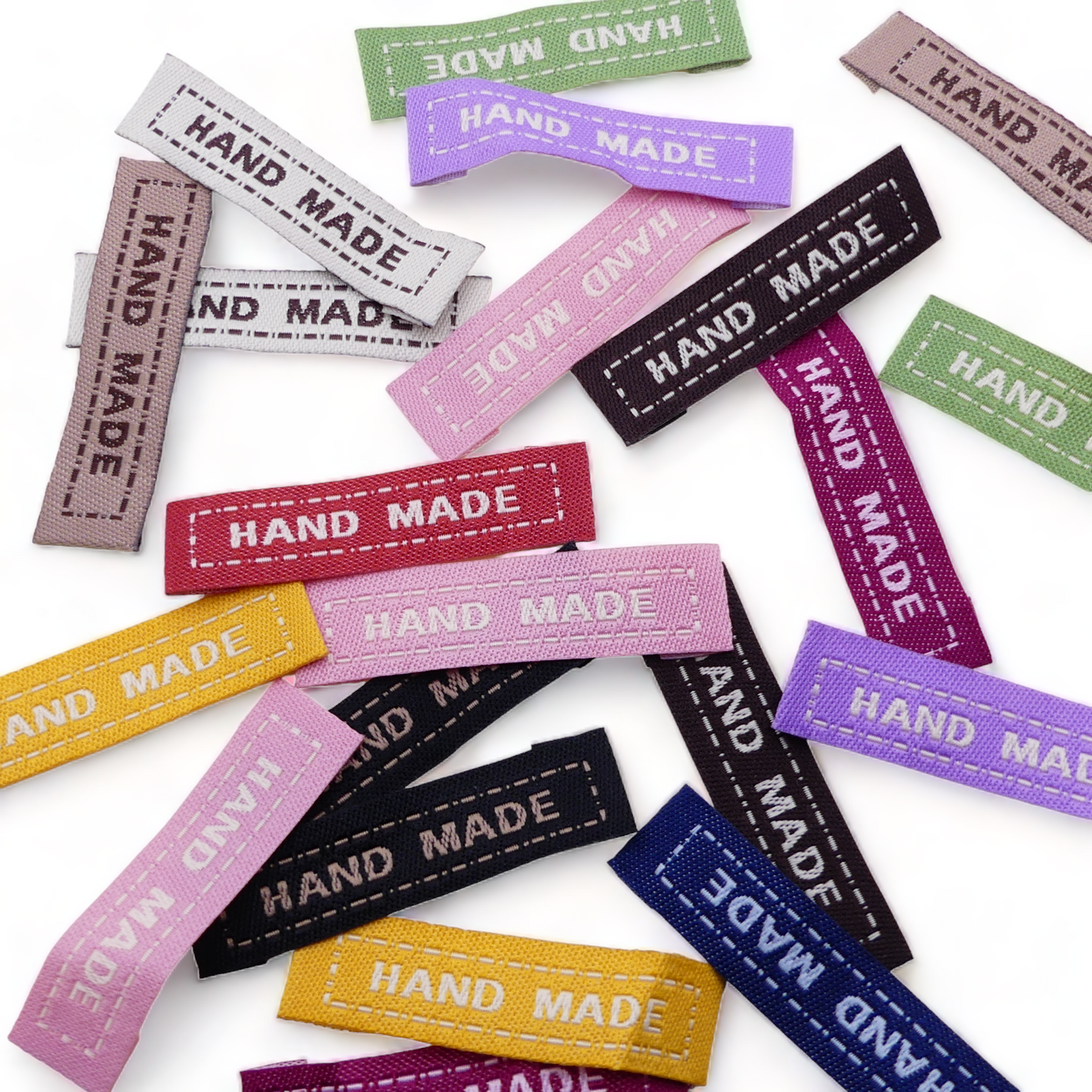 20 Mixed Fabric Labels 'Hand Made' Sew On Garment Clothing Label Tags 45mmx 13mm