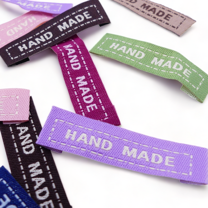 20 Mixed Fabric Labels 'Hand Made' Sew On Garment Clothing Label Tags 45mmx 13mm