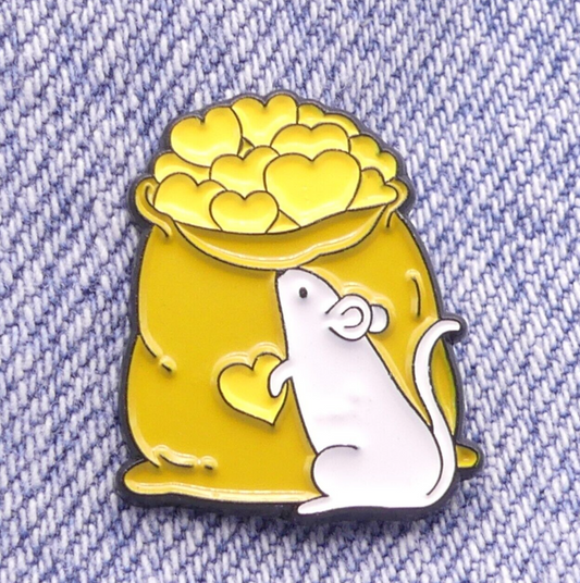 Mouse With Sack Of Cheese Love Hearts Funny Enamel Pin Badge