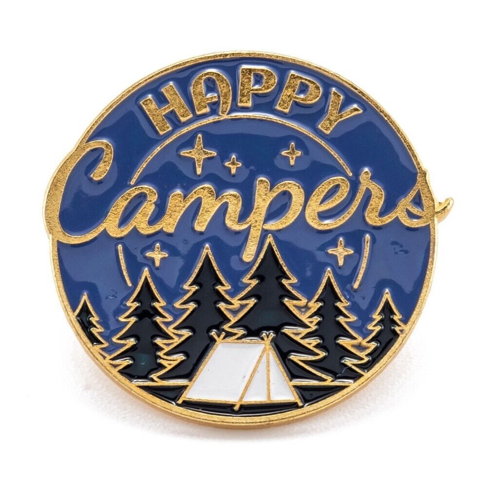 Happy camper tent in a forest under the stars enamel pin badge 