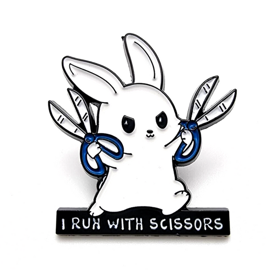 Rabbit with pair of scissors and the text "I Run With Scissors" enamel pin badge 