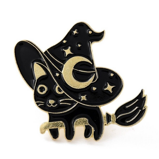 Black cat dressed in witches hat and cat on a broom enamel in badge 
