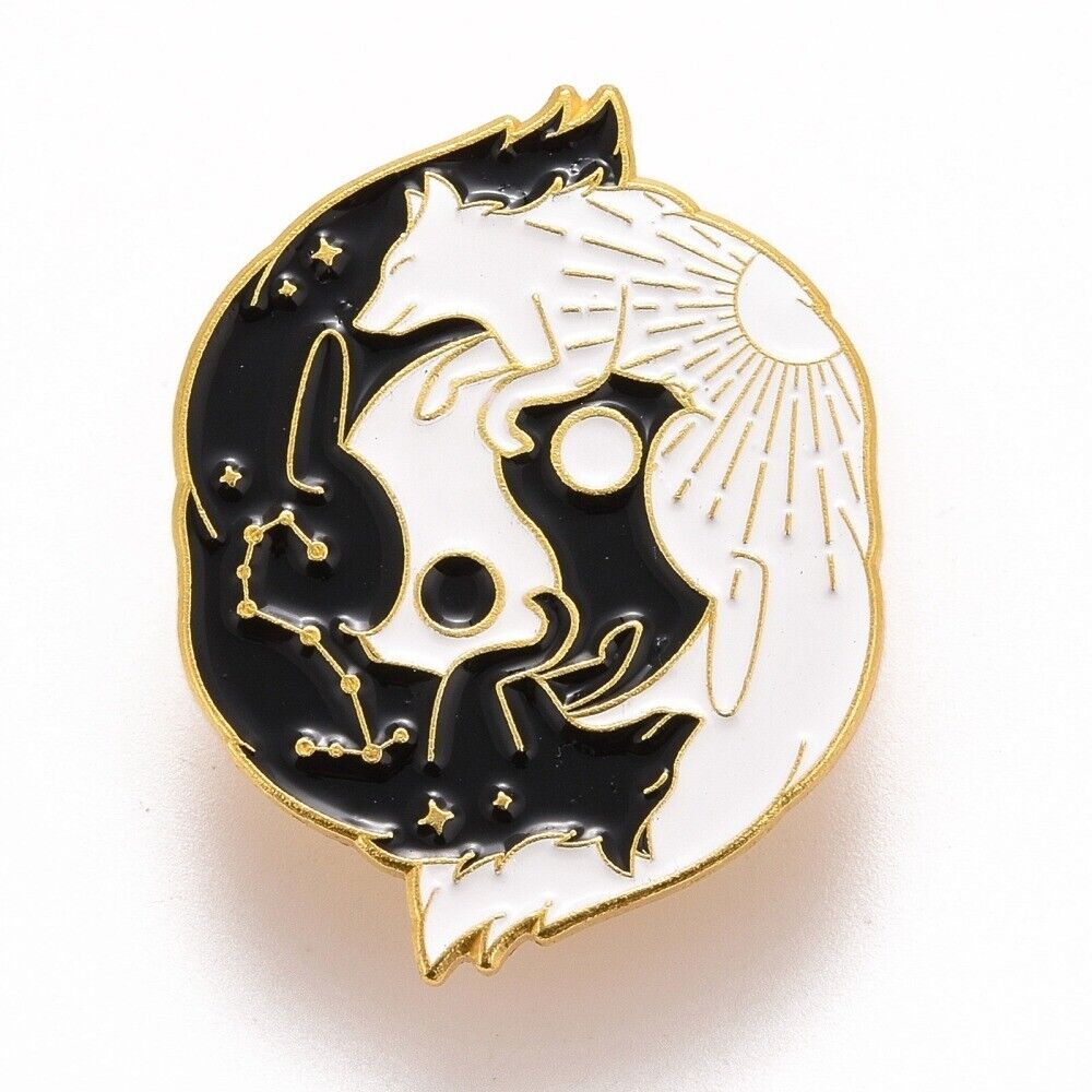Two wolves intertwined in a black and white yin-yang formation enamel pin badge 