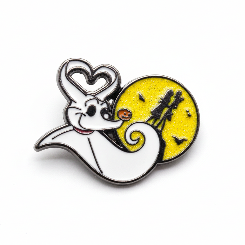 zero the dog ghost enamel pin badge  with a moon design on a white background
