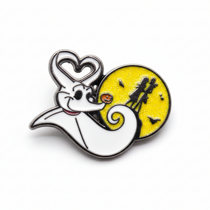 zero the dog ghost enamel pin badge  with a moon design on a white background